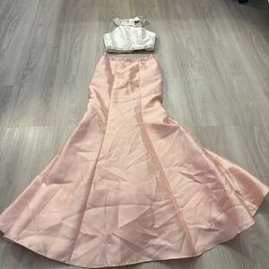 Bee Darlin Prom Dress Women 2 Piece White Pink Beaded Satin Mermaid Gown Siz 1/2